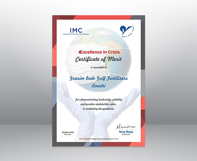 Certificate of Merit in Excellence in Crisis from IMC Ramakrishna Bajaj National Quality Award Trust (2020)